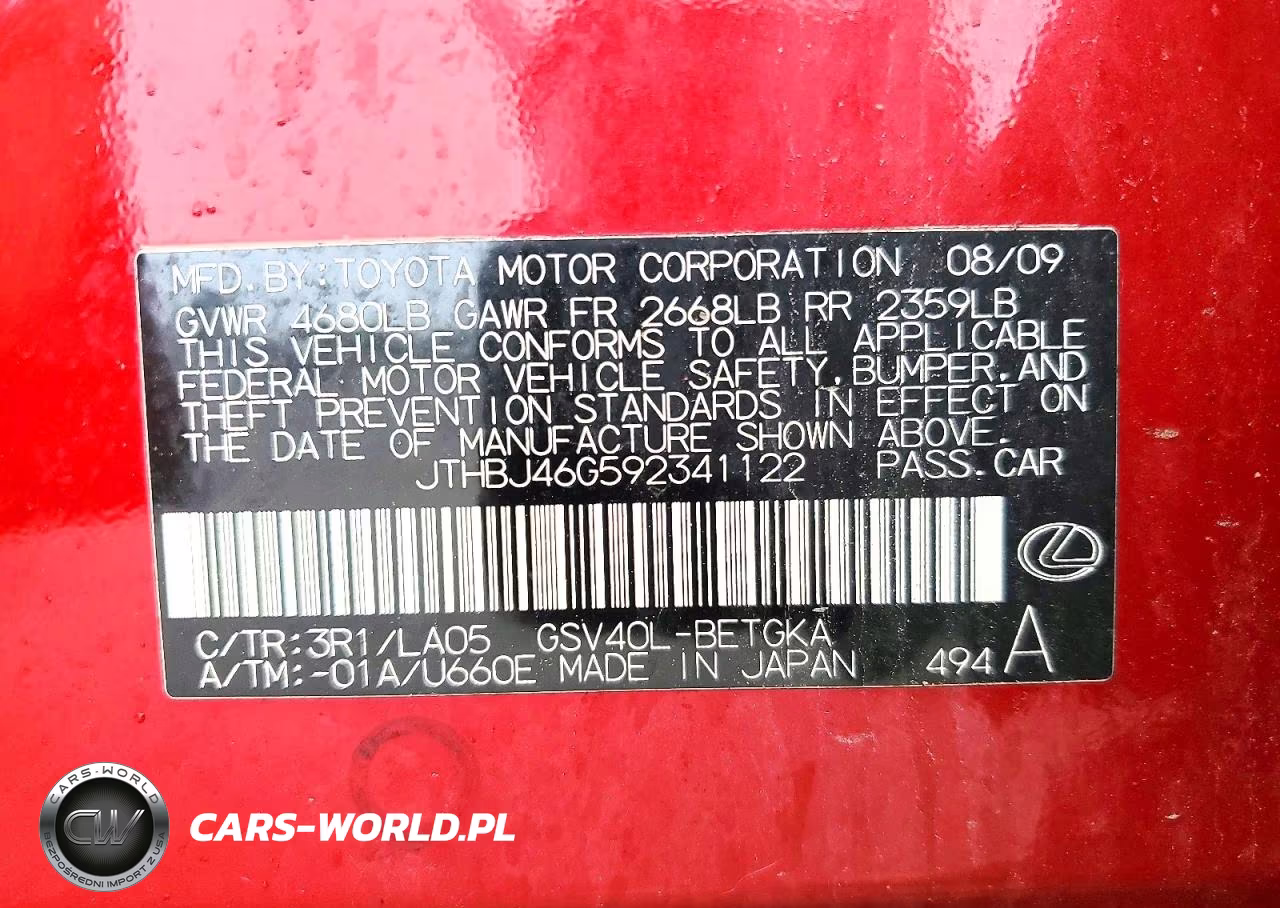 2009 Lexus Es 350 VIN:JTHBJ46G592341122 - 13