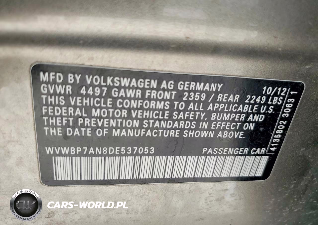 2013 Volkswagen Cc Sport VIN:WVWBP7AN8DE537053 - 12