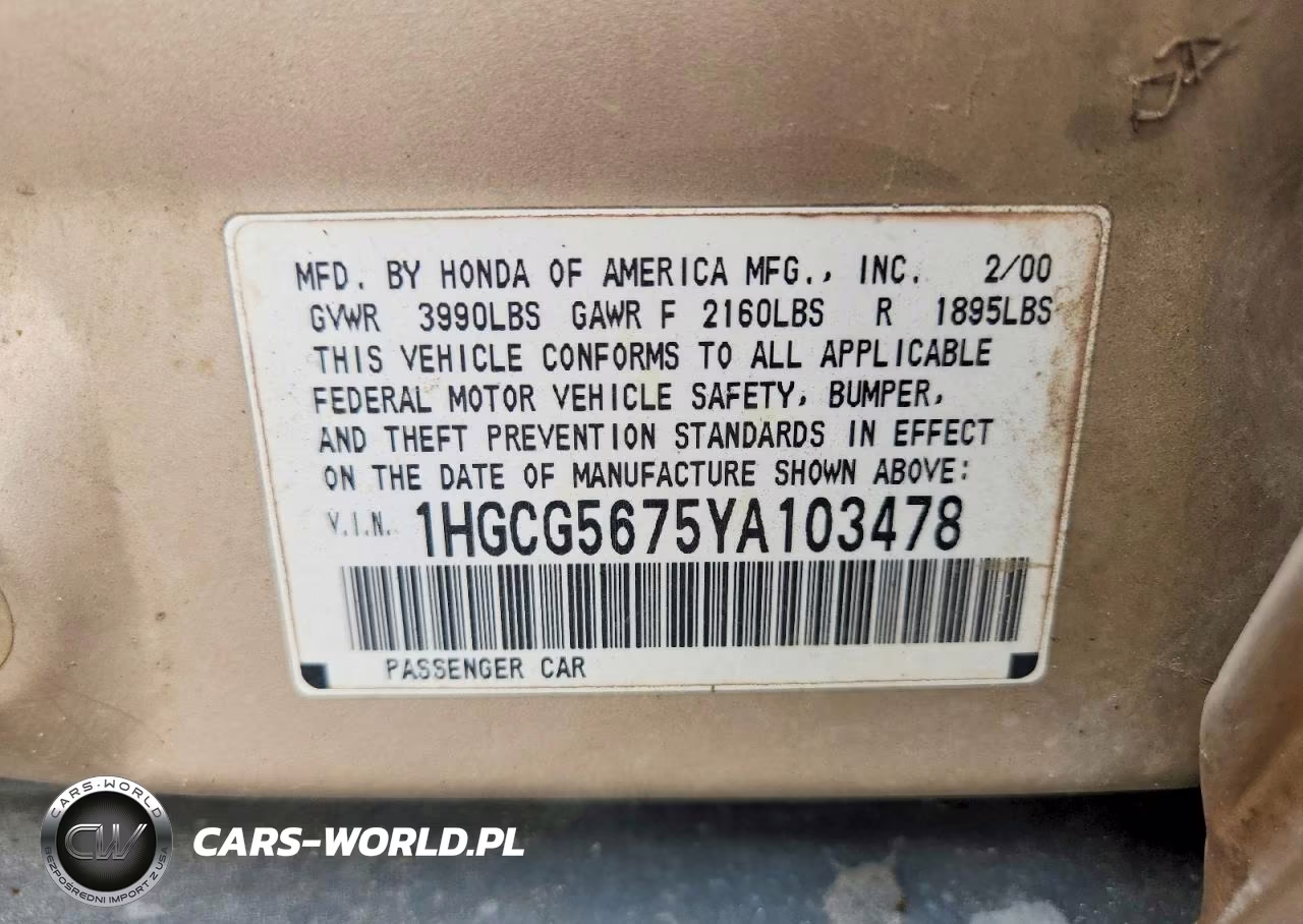 2000 Honda Accord Se VIN:1HGCG5675YA103478 - 12