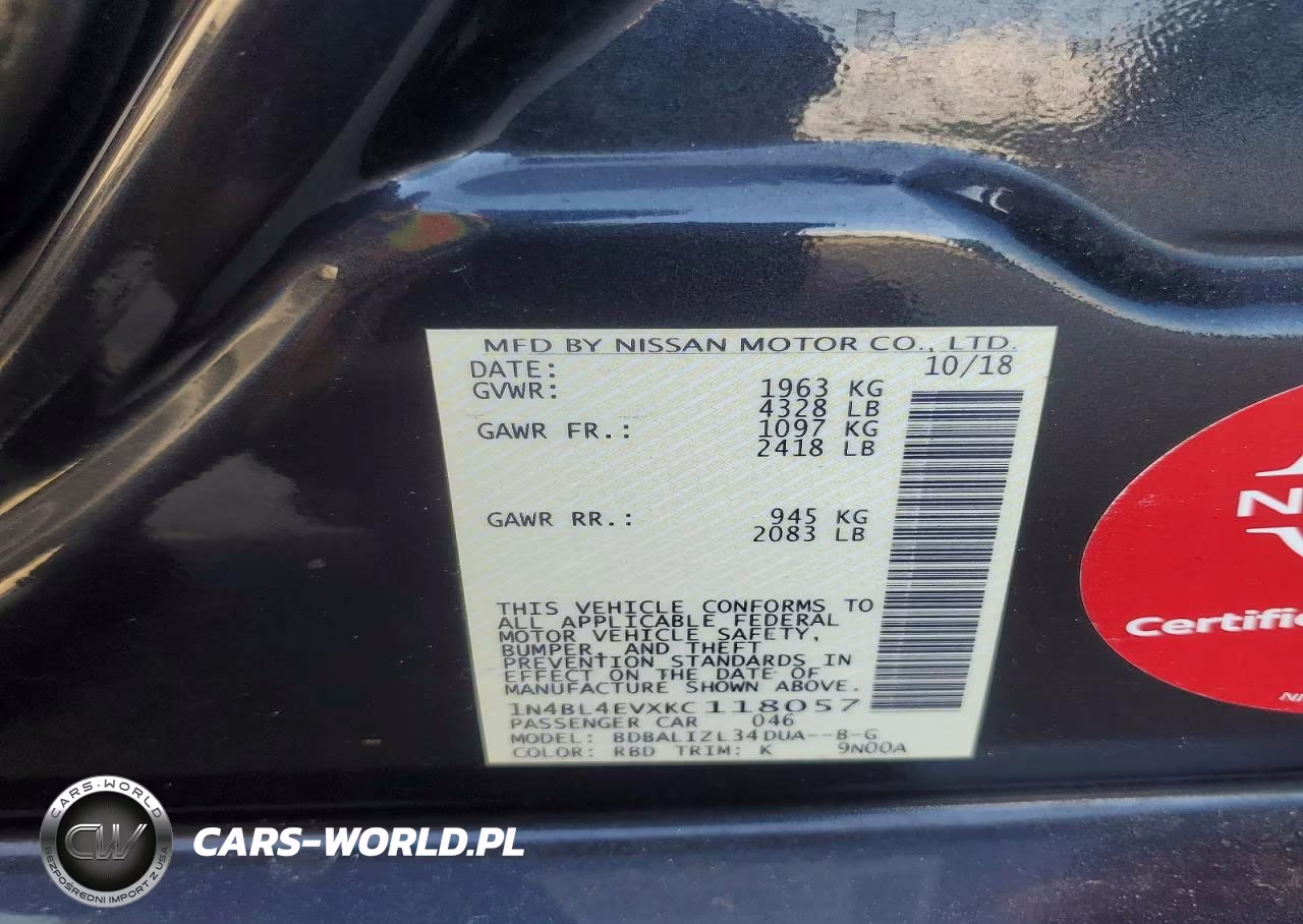 2019 Nissan Altima Sl VIN:1N4BL4EVXKC118057 - 12
