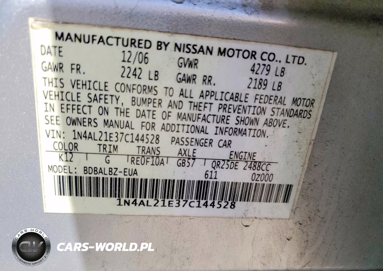 2007 Nissan Altima 2.5 VIN:1N4AL21E37C144528 - 12
