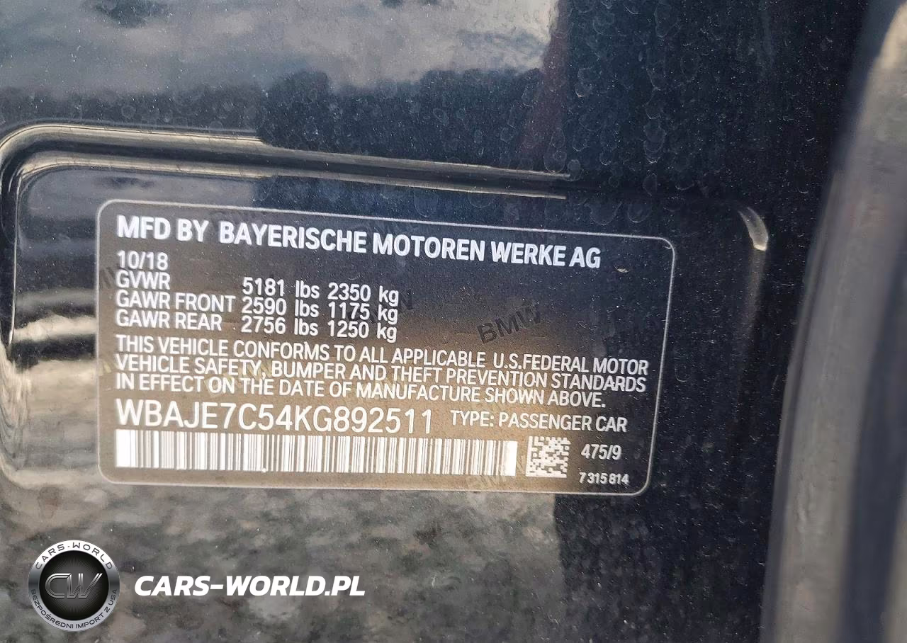 2019 BMW 540 Xi VIN:WBAJE7C54KG892511 - 12