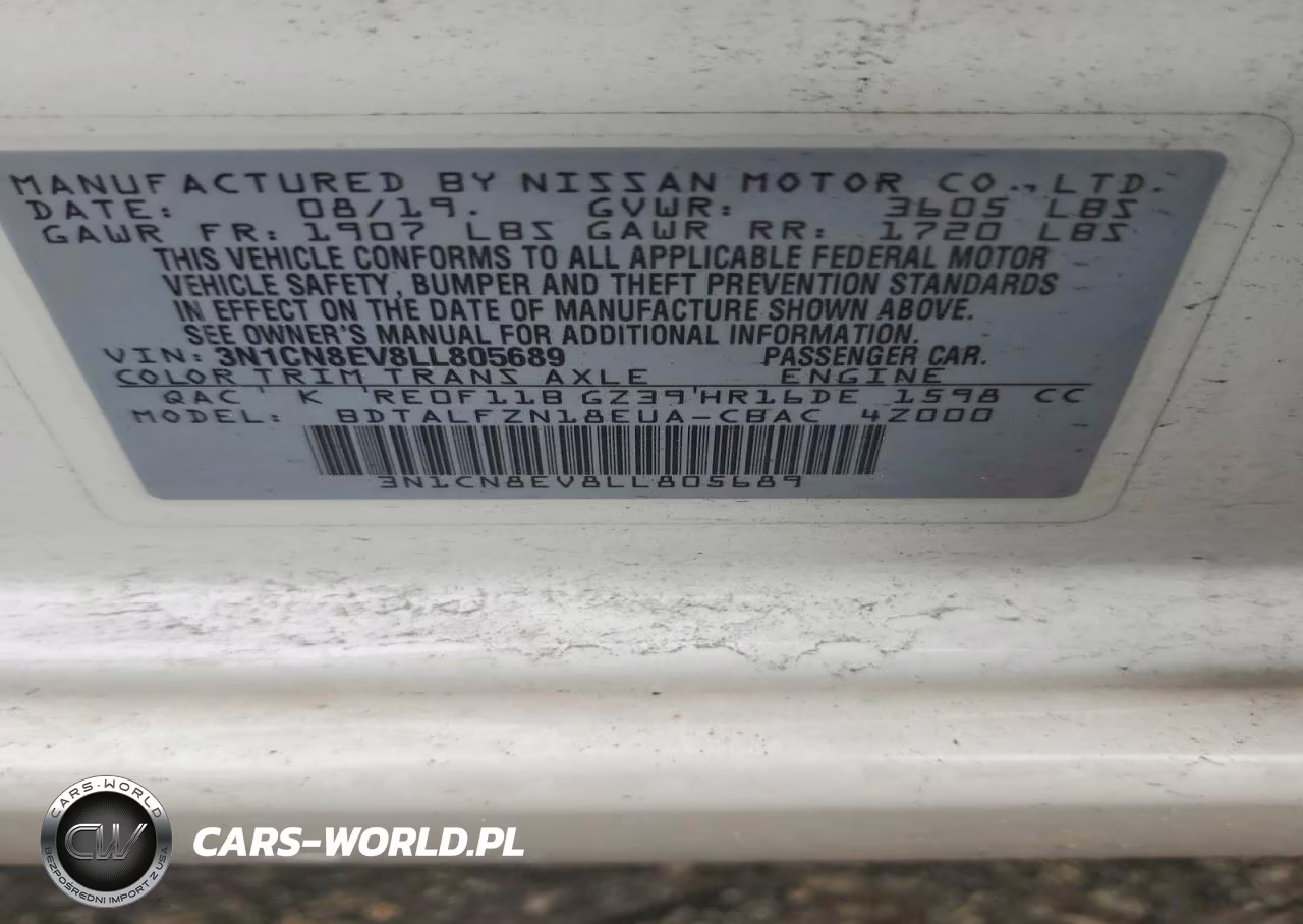 2020 Nissan Versa Sv VIN:3N1CN8EV8LL805689 - 12