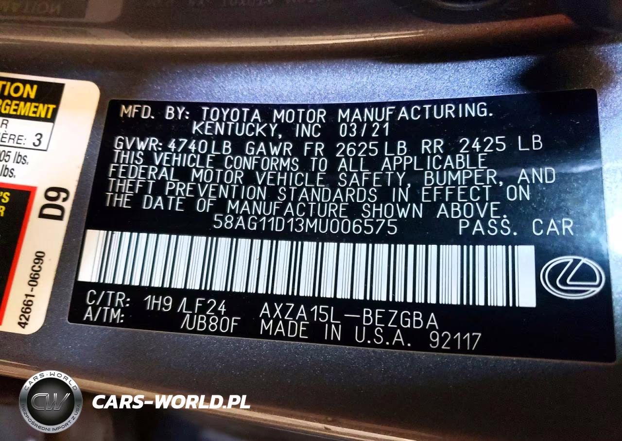 2021 Lexus Es 250 F Sport VIN:58AG11D13MU006575 - 12