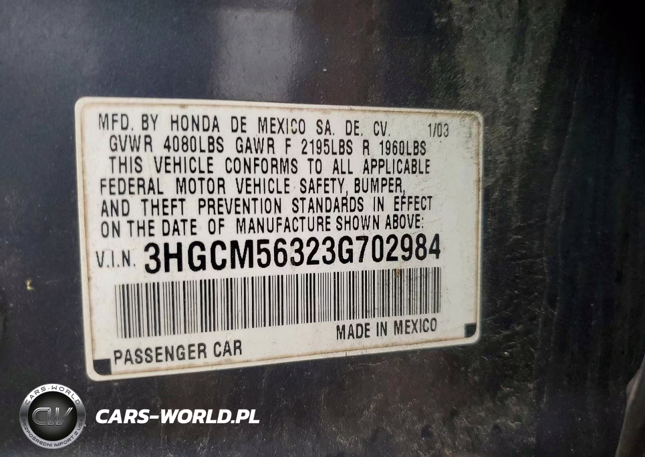 2003 Honda Accord Lx VIN:3HGCM56323G702984 - 12