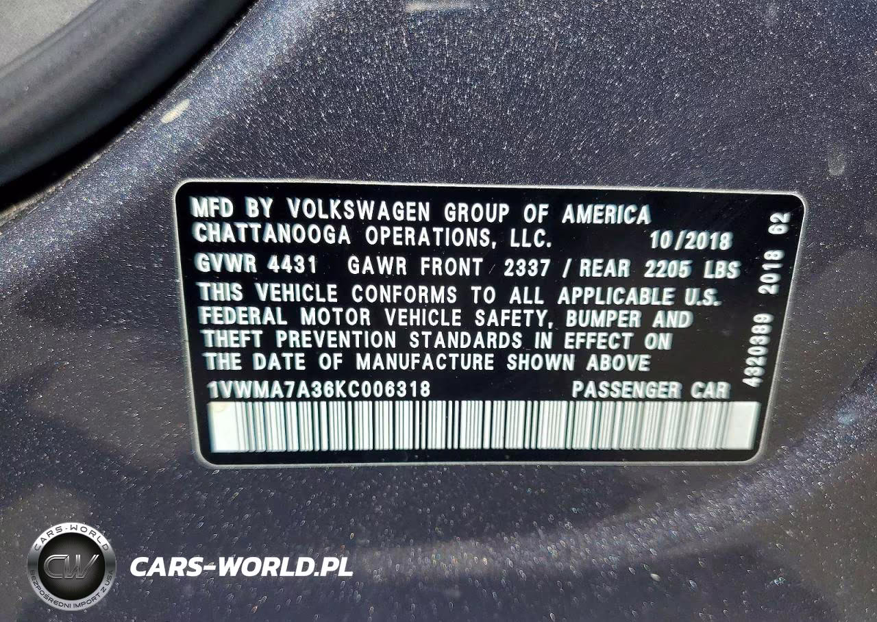 2019 Volkswagen Passat Se R-Line VIN:1VWMA7A36KC006318 - 12
