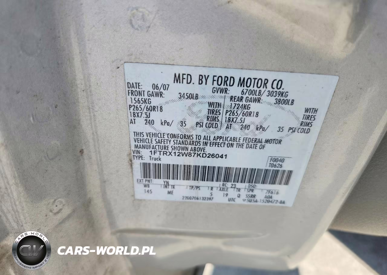 2007 Ford F150 VIN:1FTRX12W87KD26041 - 12