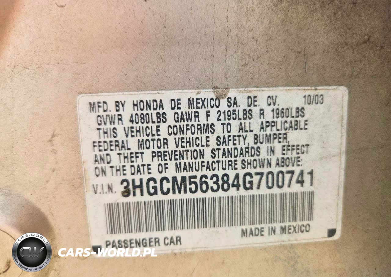 2004 Honda Accord Lx VIN:3HGCM56384G700741 - 12