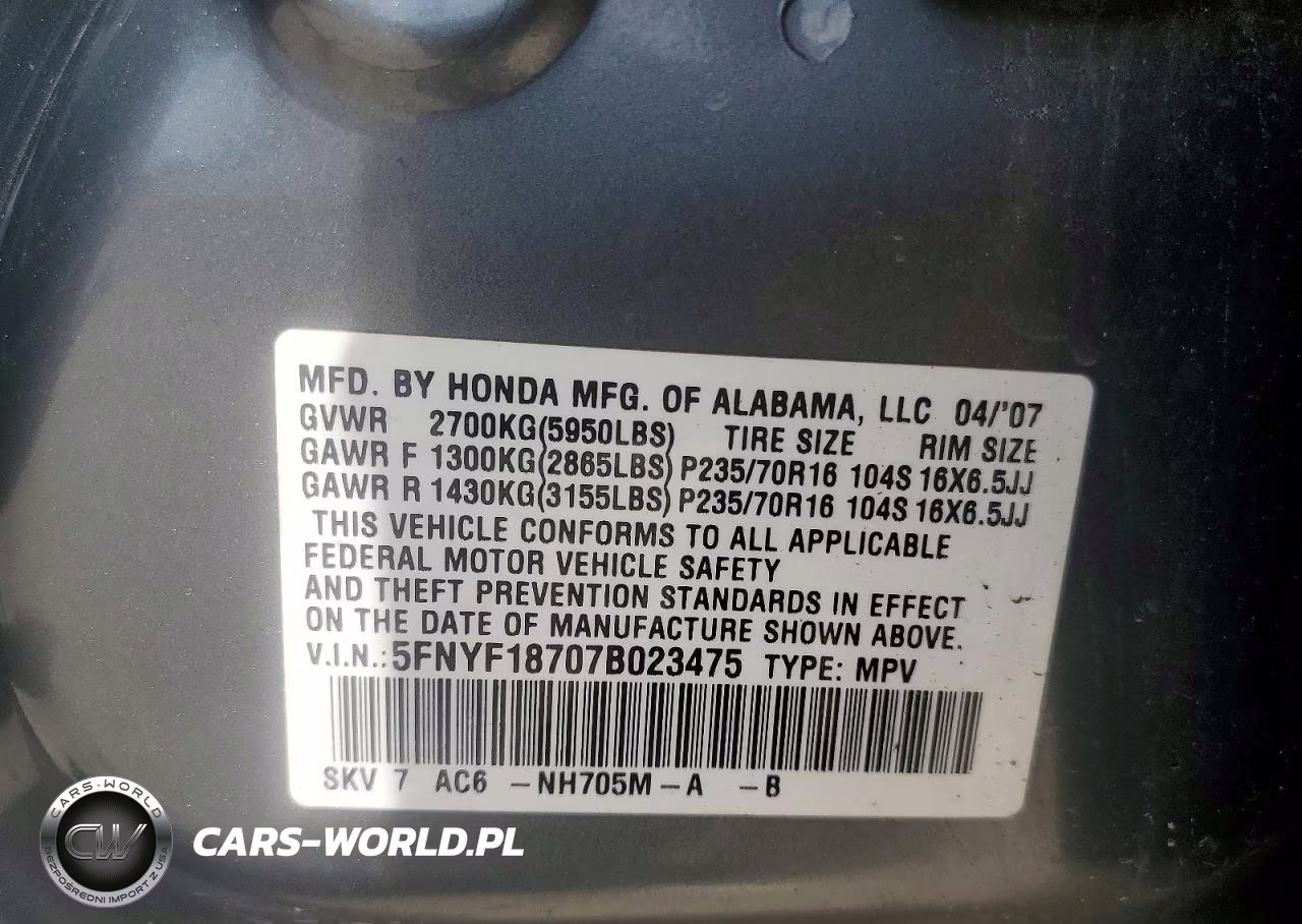2007 Honda Pilot Exl VIN:5FNYF18707B023475 - 13