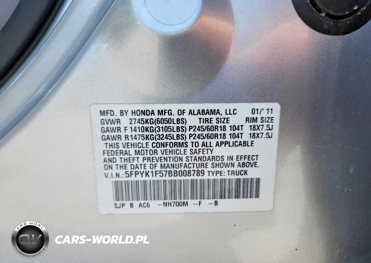 2011 Honda Ridgeline Rtl VIN:5FPYK1F57BB008789 - 13