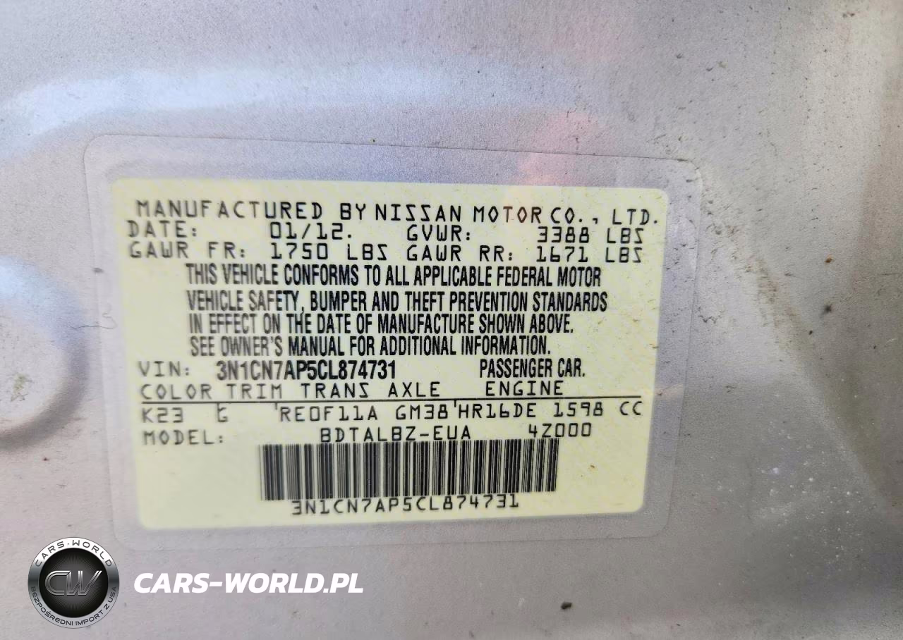 2012 Nissan Versa 1.6 S VIN:3N1CN7AP5CL874731 - 12