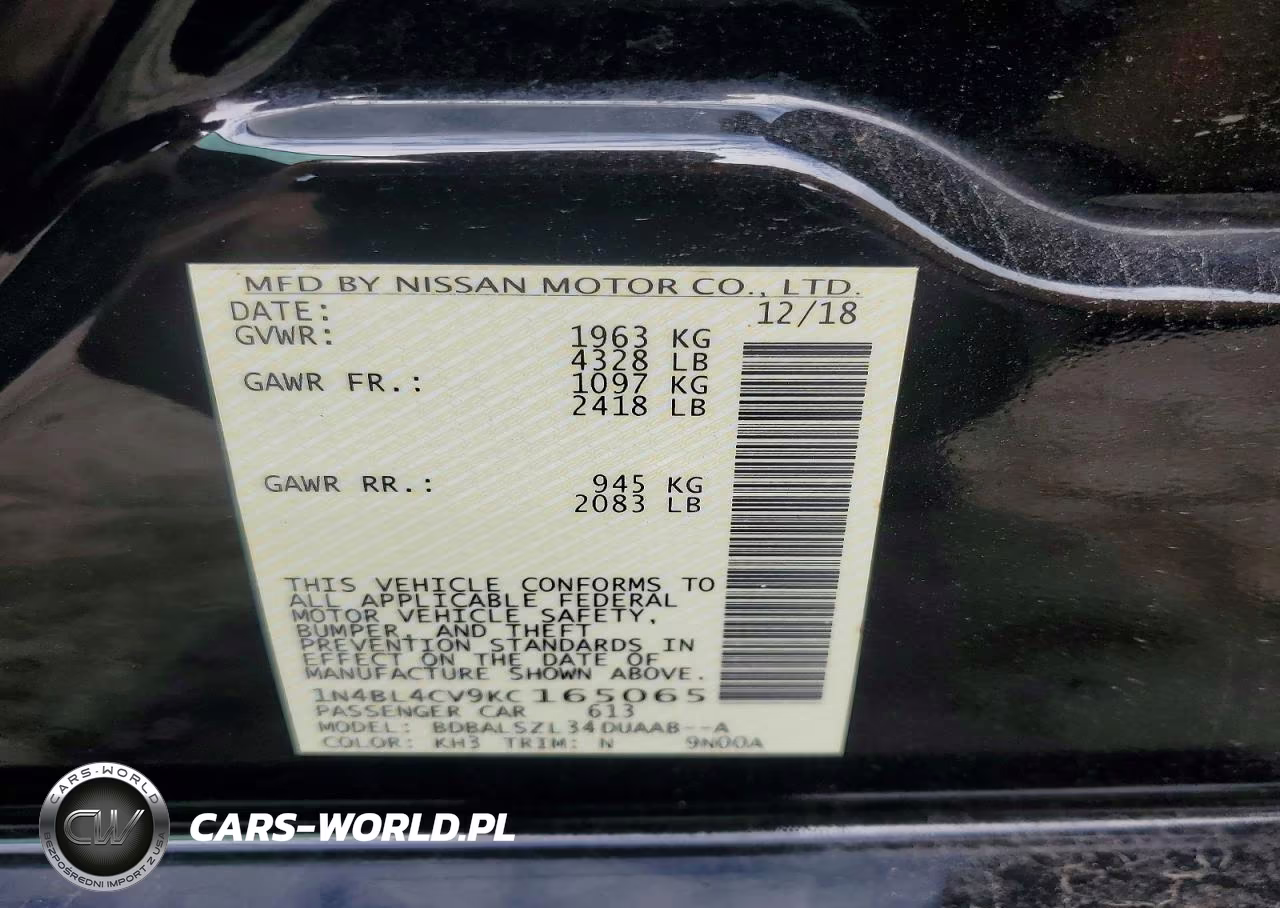 2019 Nissan Altima Sr VIN:1N4BL4CV9KC165065 - 12