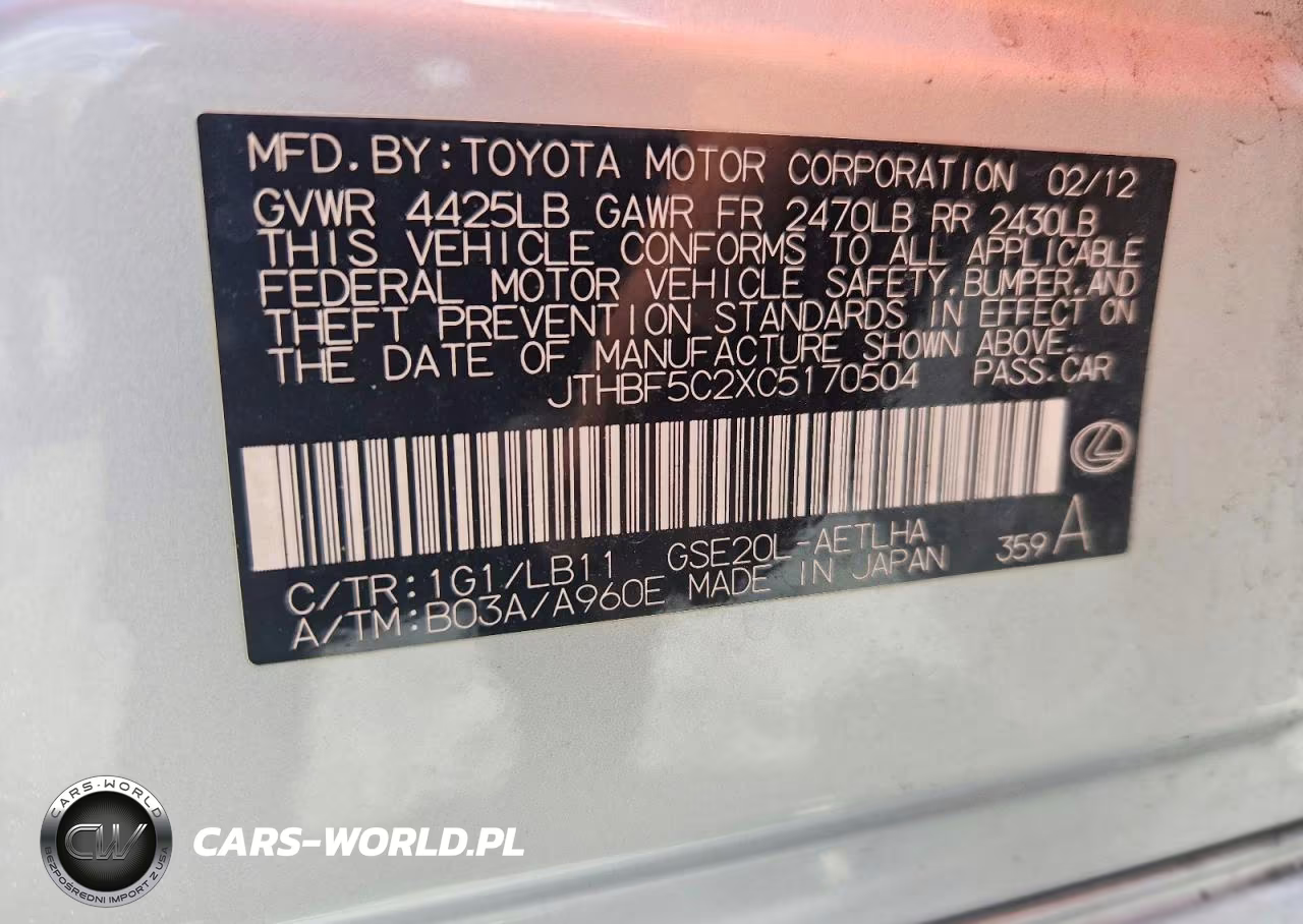 2012 Lexus Is 250 VIN:JTHBF5C2XC5170504 - 12