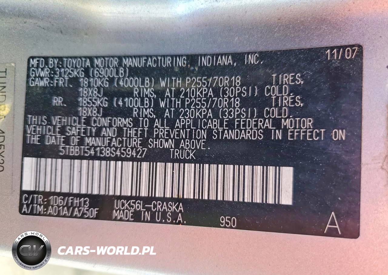 2008 Toyota Tundra Grade VIN:5TBBT54138S459427 - 12