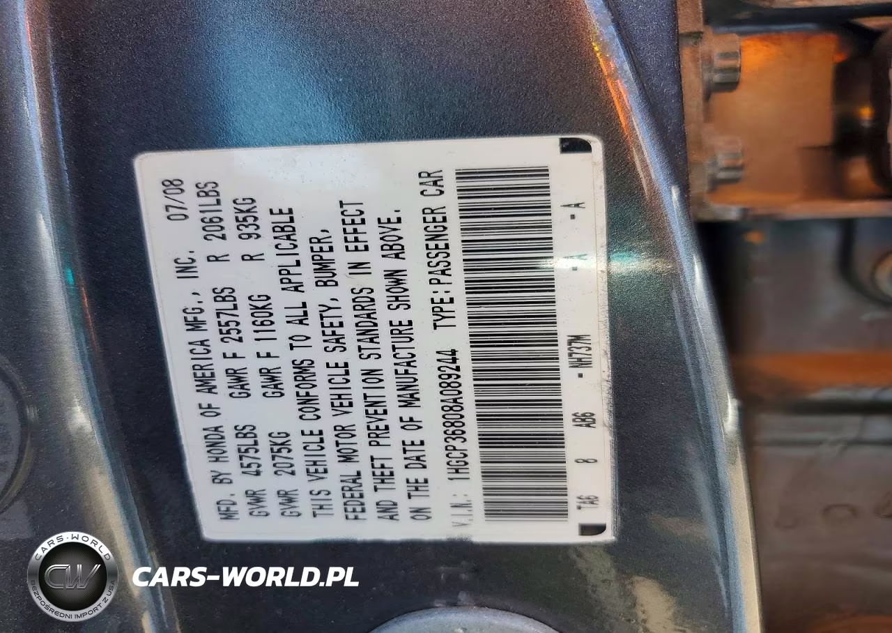 2008 Honda Accord Exl VIN:1HGCP36808A089244 - 12