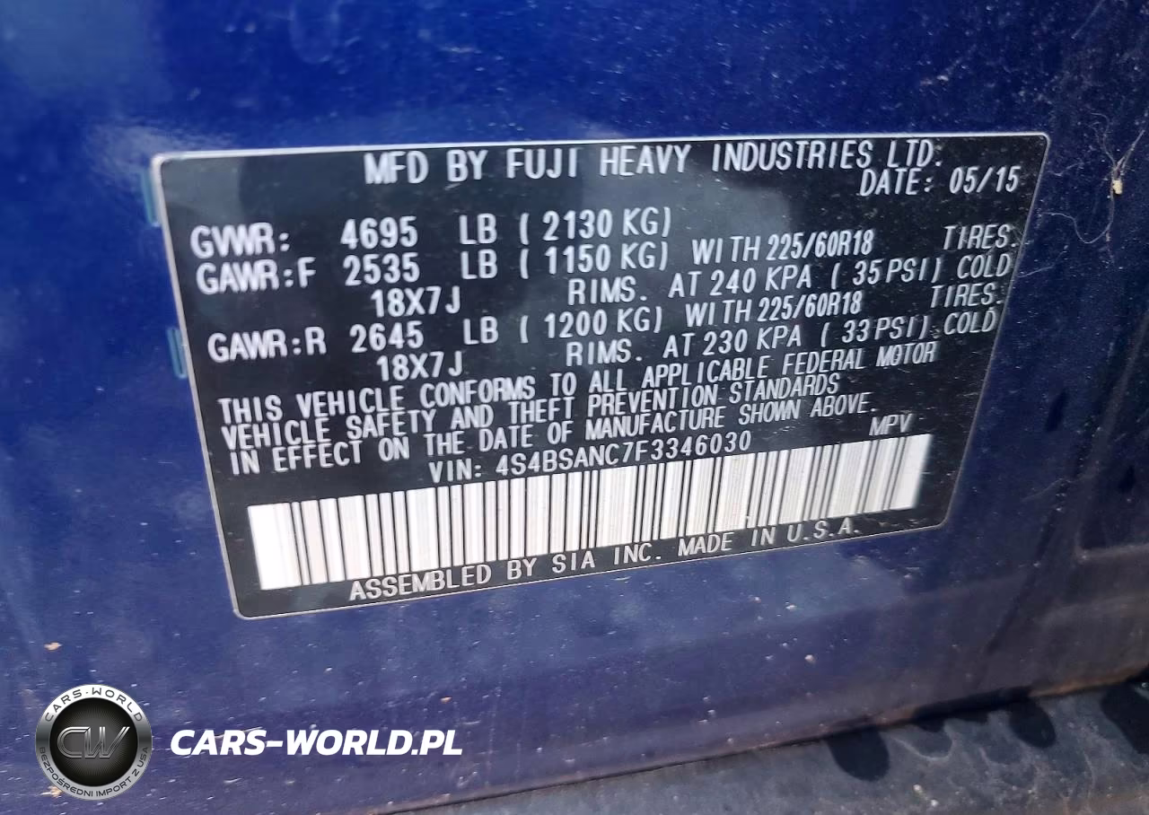 2015 Subaru Outback 2.5I Limited VIN:4S4BSANC7F3346030 - 13