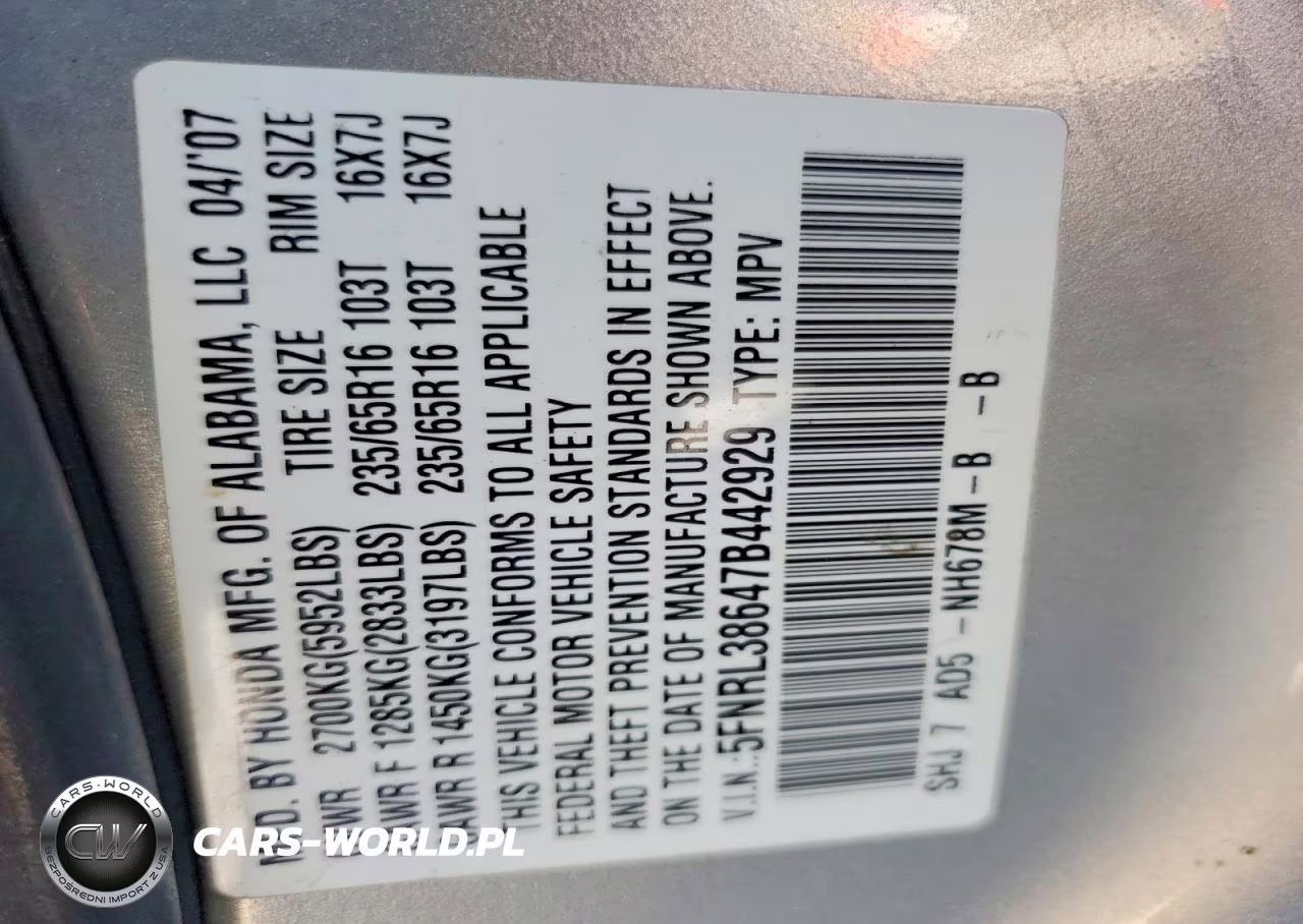 2007 Honda Odyssey Exl VIN:5FNRL38647B442929 - 13