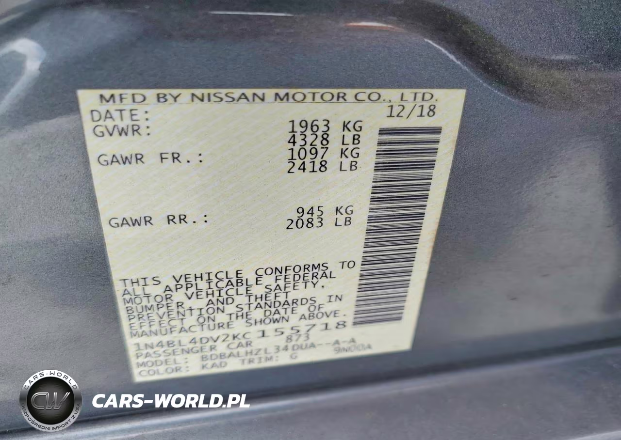 2019 Nissan Altima Sv VIN:1N4BL4DV2KC155718 - 13