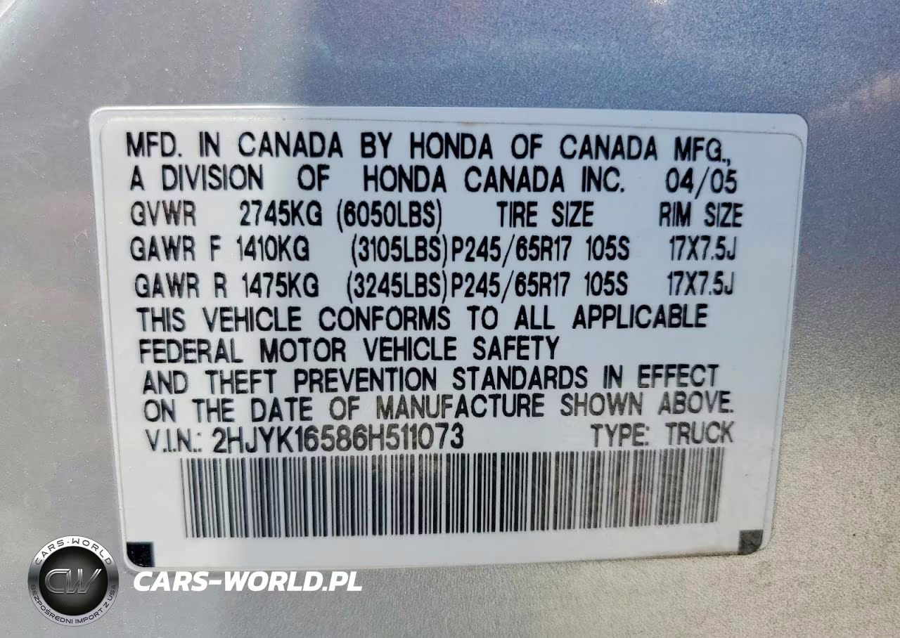 2006 Honda Ridgeline Rtl VIN:2HJYK16586H511073 - 12