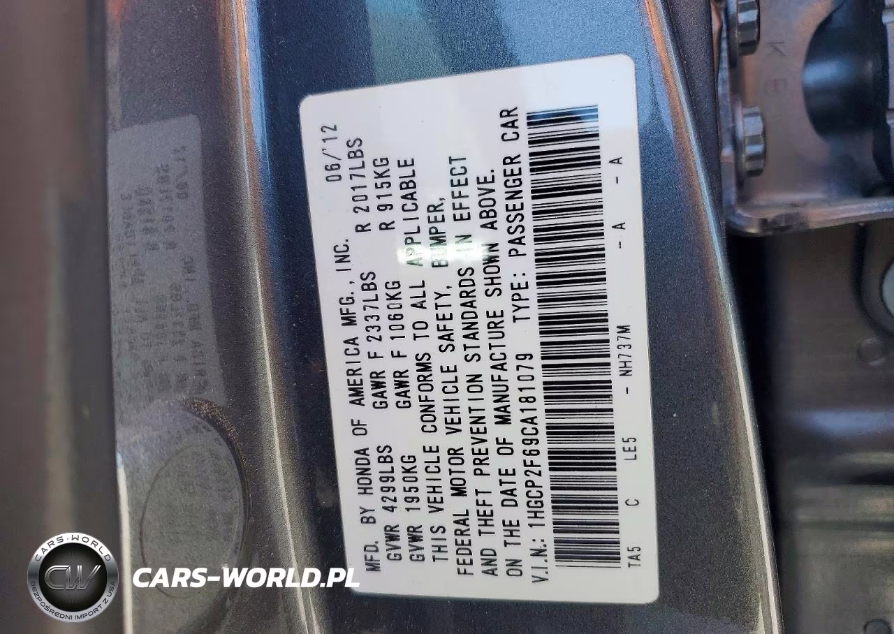 2012 Honda Accord Se VIN:1HGCP2F69CA181079 - 12