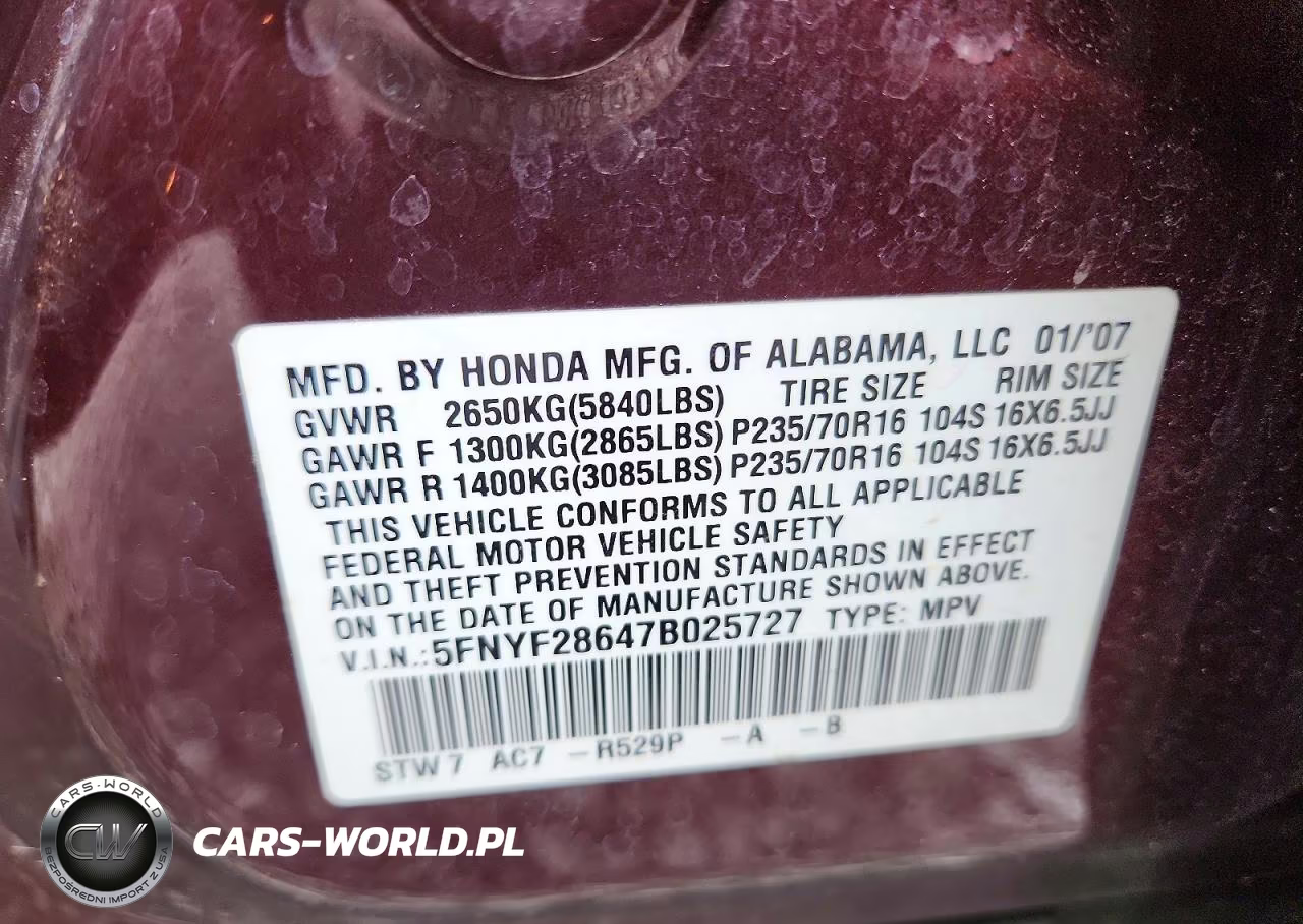 2007 Honda Pilot Exl VIN:5FNYF28647B025727 - 13