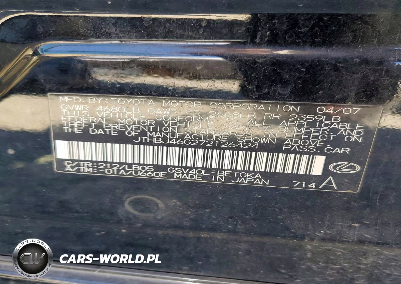2007 Lexus Es 350 VIN:JTHBJ46G272126424 - 12