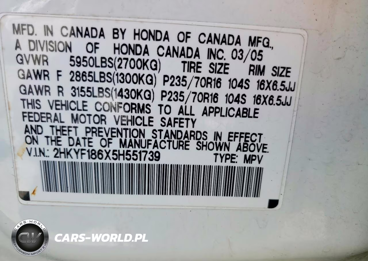 2005 Honda Pilot Exl VIN:2HKYF186X5H551739 - 13