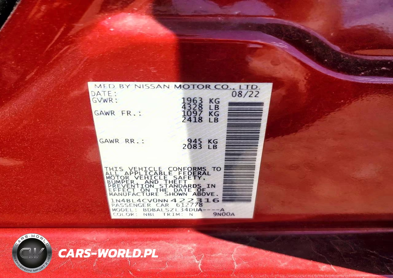 2022 Nissan Altima Sr VIN:1N4BL4CV0NN422316 - 13