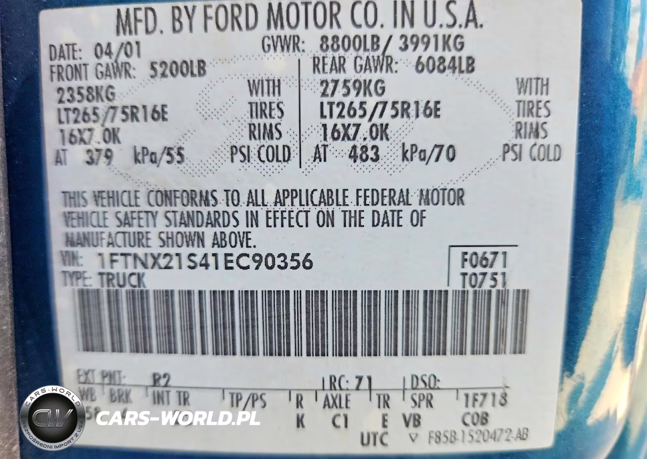 2001 Ford F250 Super Duty VIN:1FTNX21S41EC90356 - 11