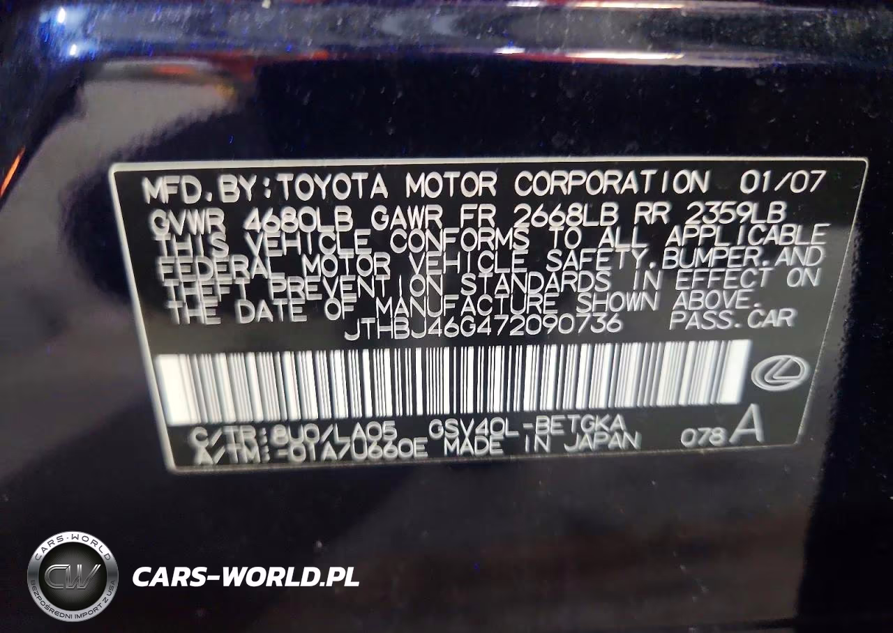 2007 Lexus Es 350 VIN:JTHBJ46G472090736 - 12