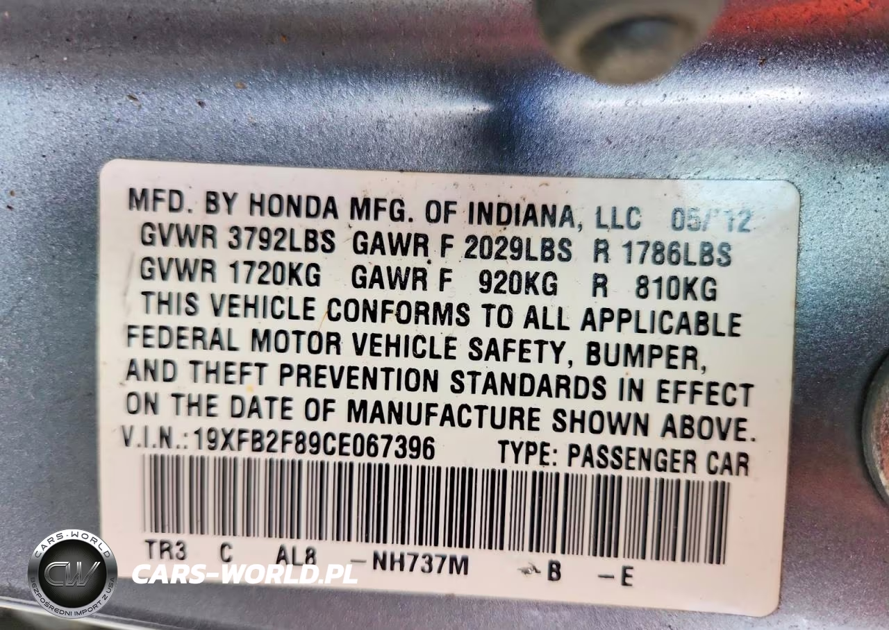 2012 Honda Civic Ex VIN:19XFB2F89CE067396 - 12