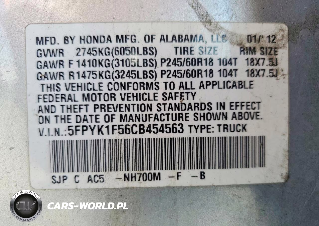 2012 Honda Ridgeline Rtl VIN:5FPYK1F56CB454563 - 12