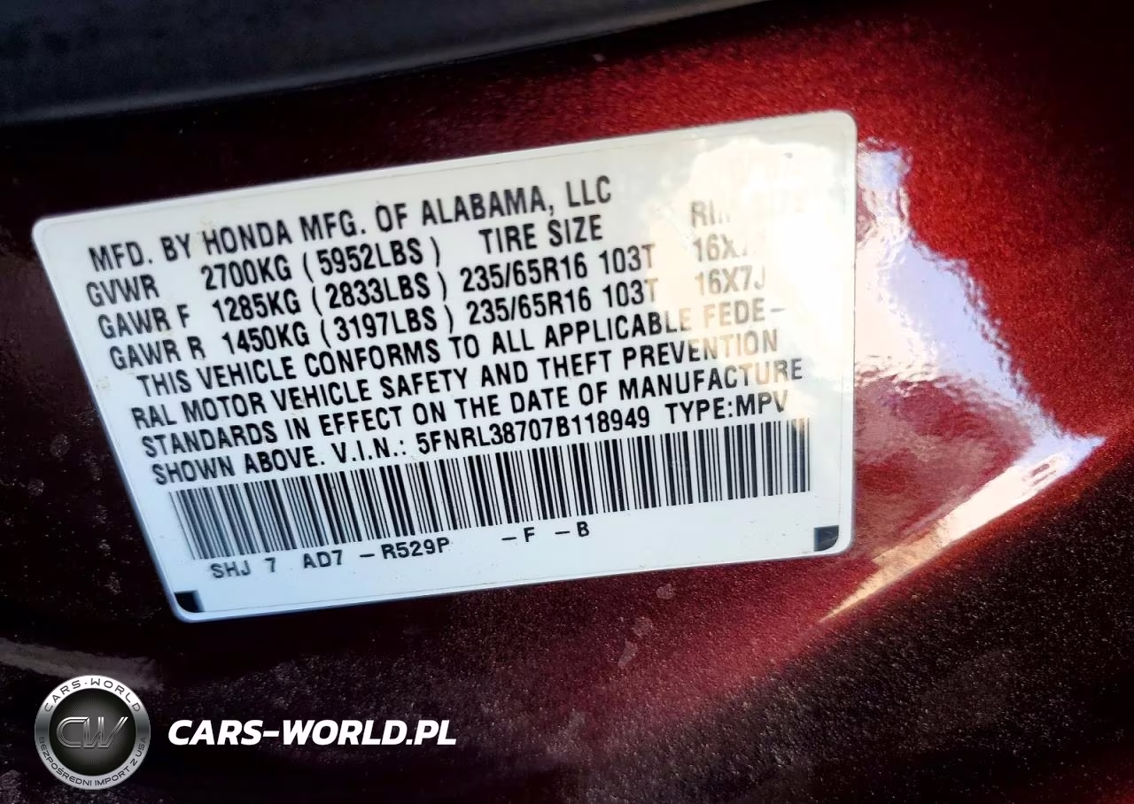 2007 Honda Odyssey VIN:5FNRL38707B118949 - 13