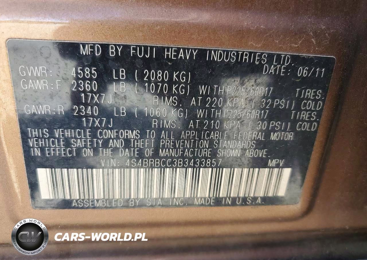 2011 Subaru Outback 2.5I Premium VIN:4S4BRBCC3B3433857 - 12