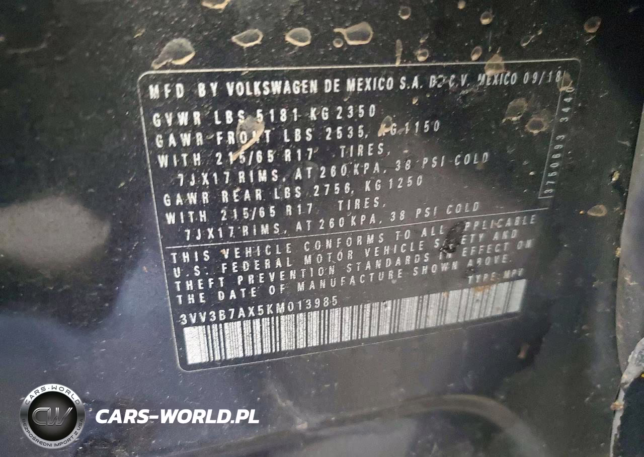 2019 Volkswagen Tiguan VIN:3VV3B7AX5KM013985 - 13