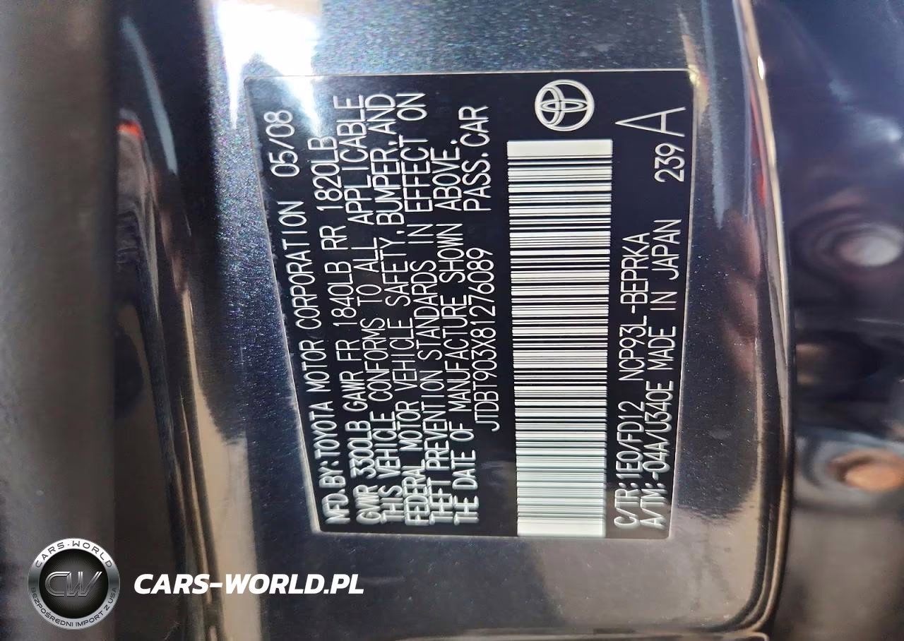 2008 Toyota Yaris Base VIN:JTDBT903X81276089 - 12