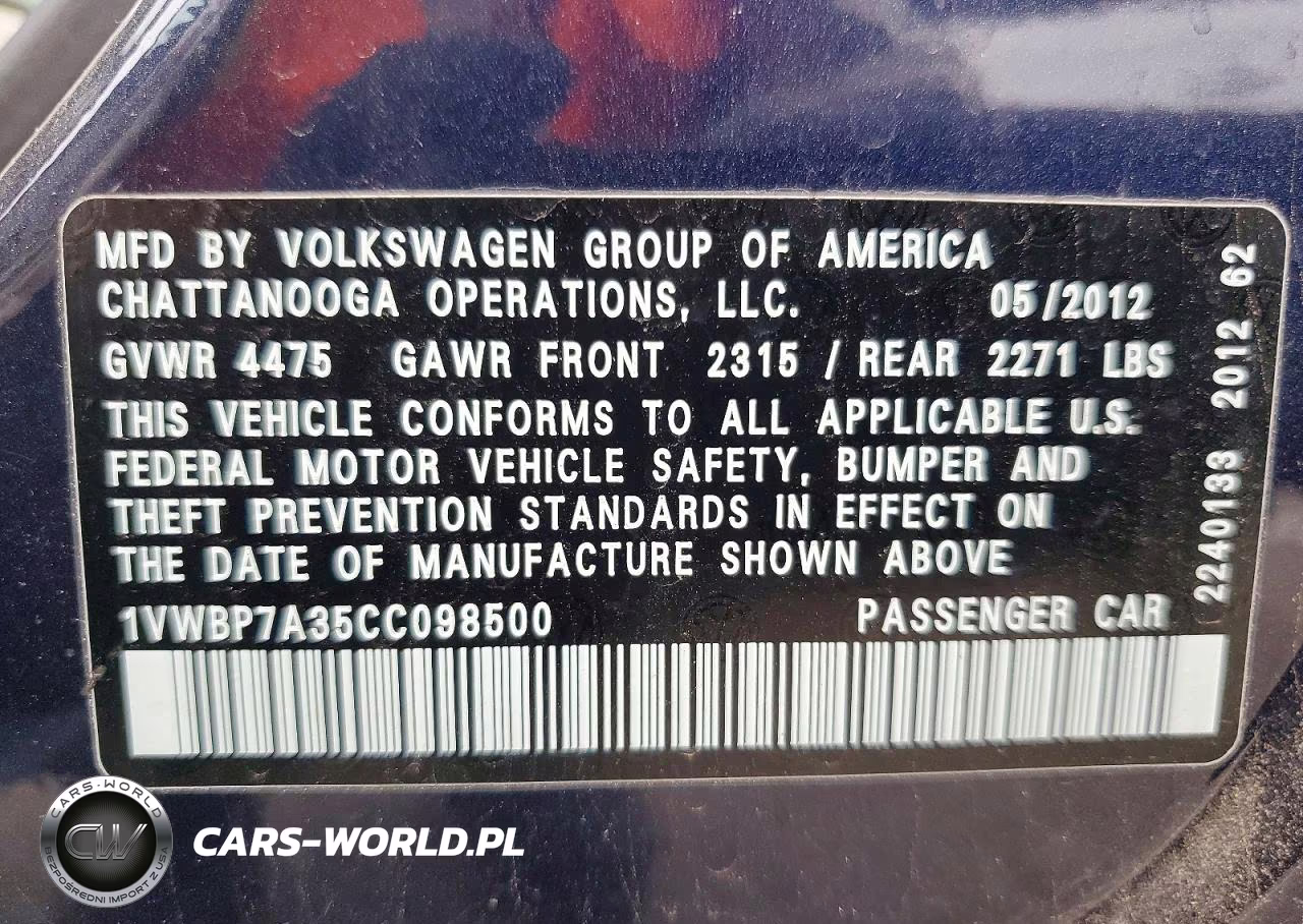 2012 Volkswagen Passat Se VIN:1VWBP7A35CC098500 - 12