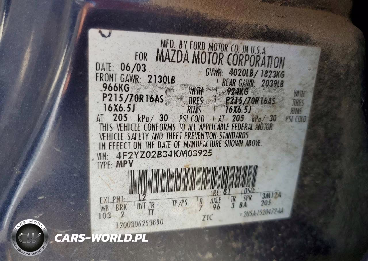 2004 Mazda Tribute Dx VIN:4F2YZ02B34KM03925 - 13