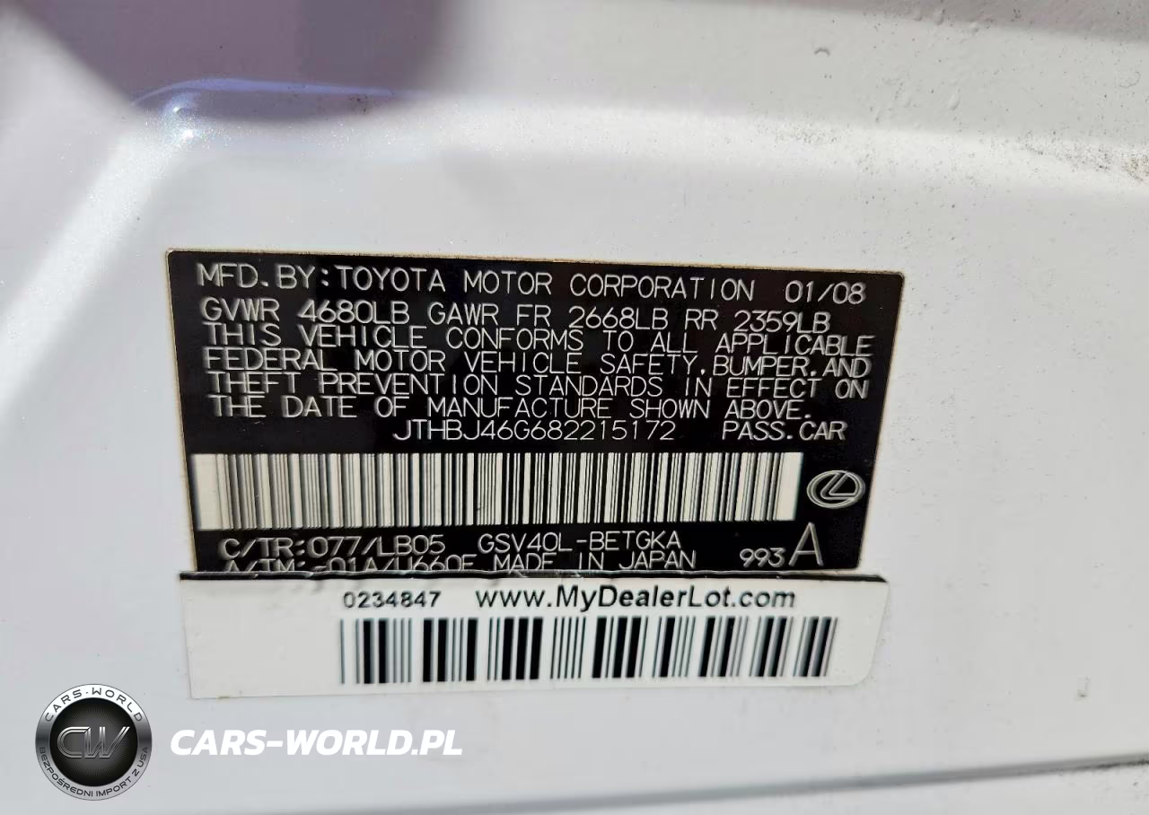 2008 Lexus Es 350 VIN:JTHBJ46G682215172 - 12