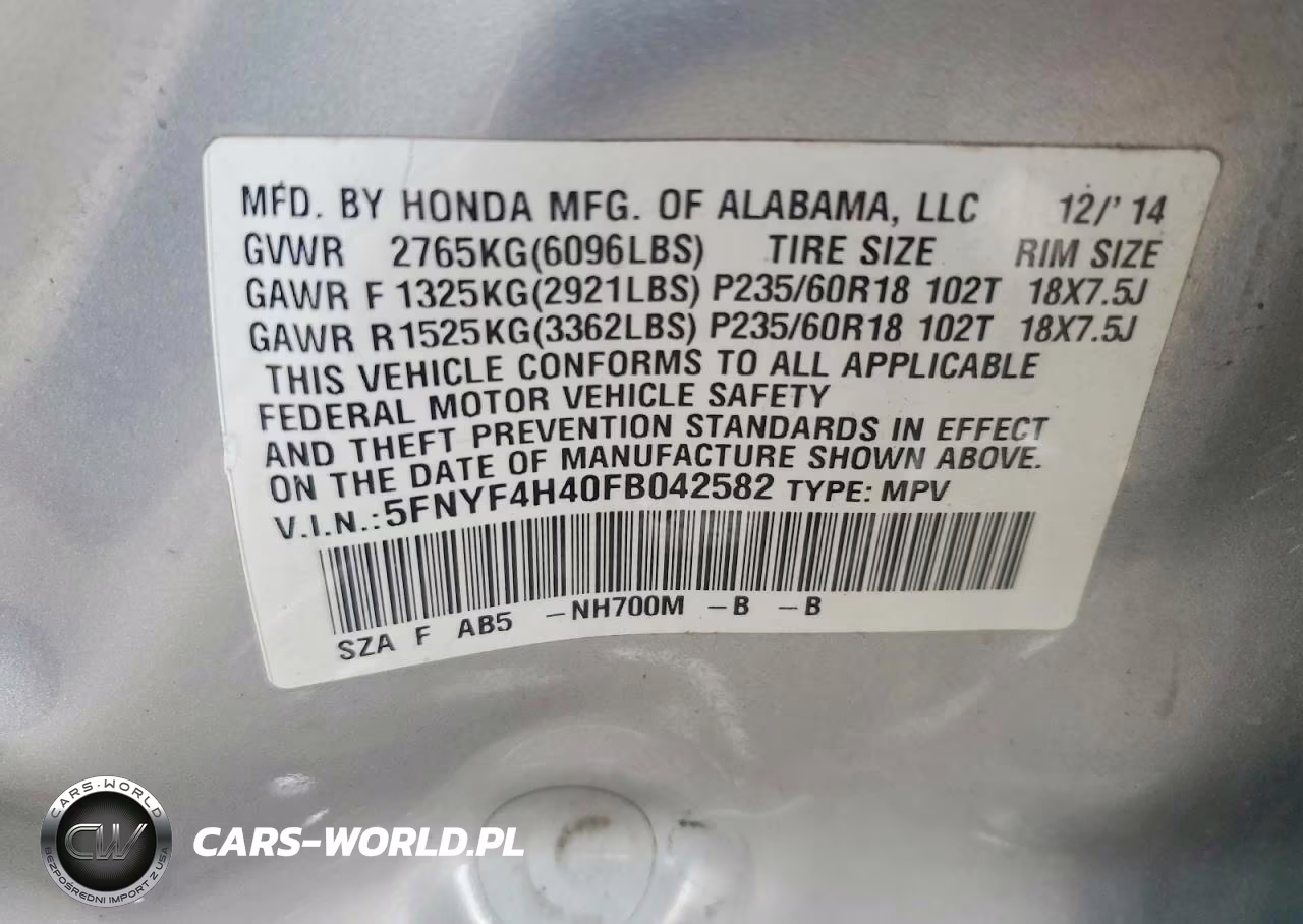 2015 Honda Pilot Ex VIN:5FNYF4H40FB042582 - 14