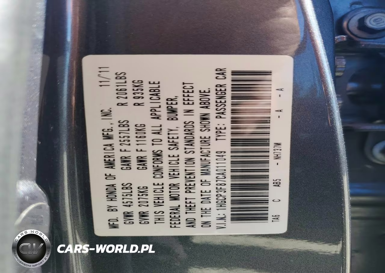 2012 Honda Accord Exl VIN:1HGCP3F87CA011049 - 12
