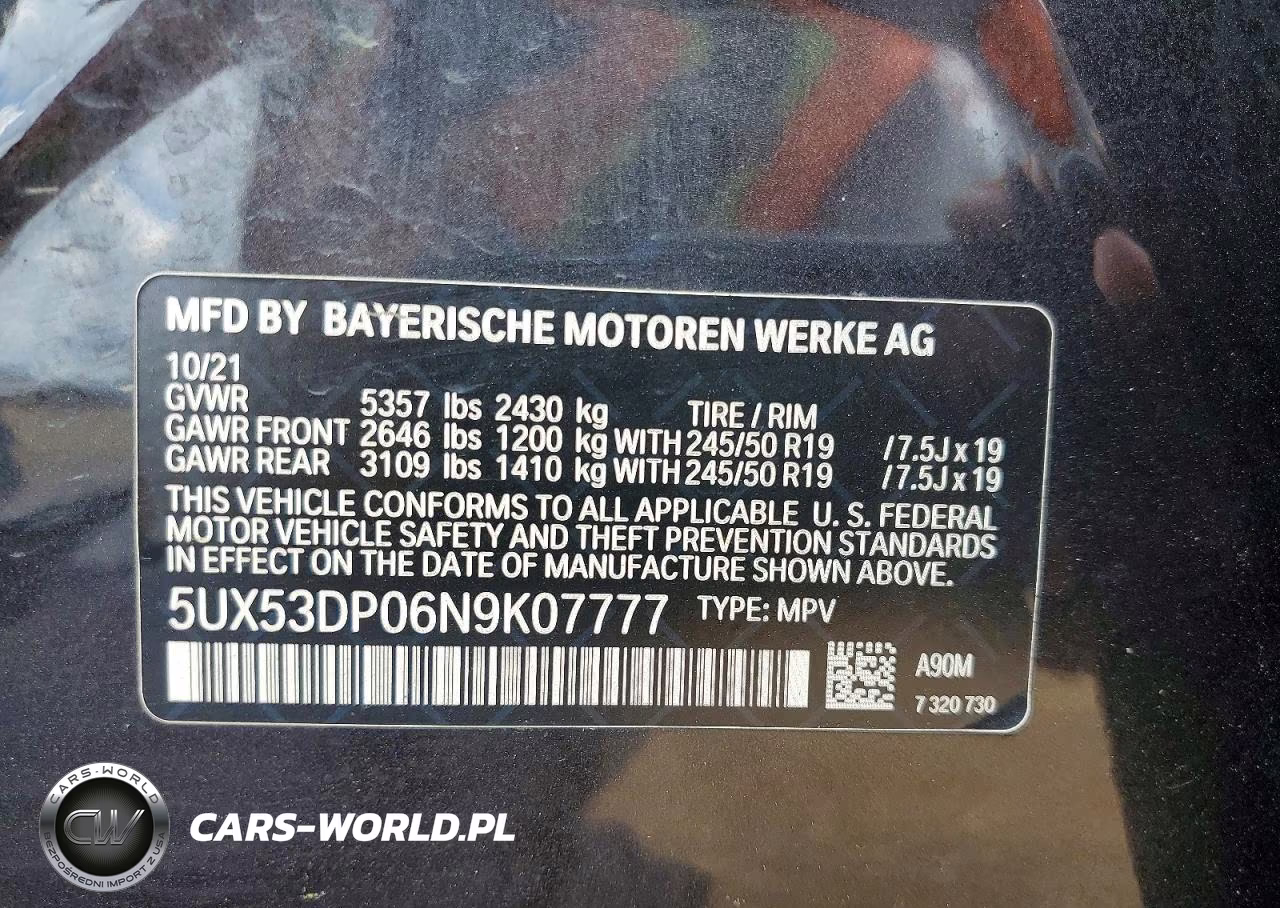 2022 BMW X3 xDrive30I VIN:5UX53DP06N9K07777 - 12