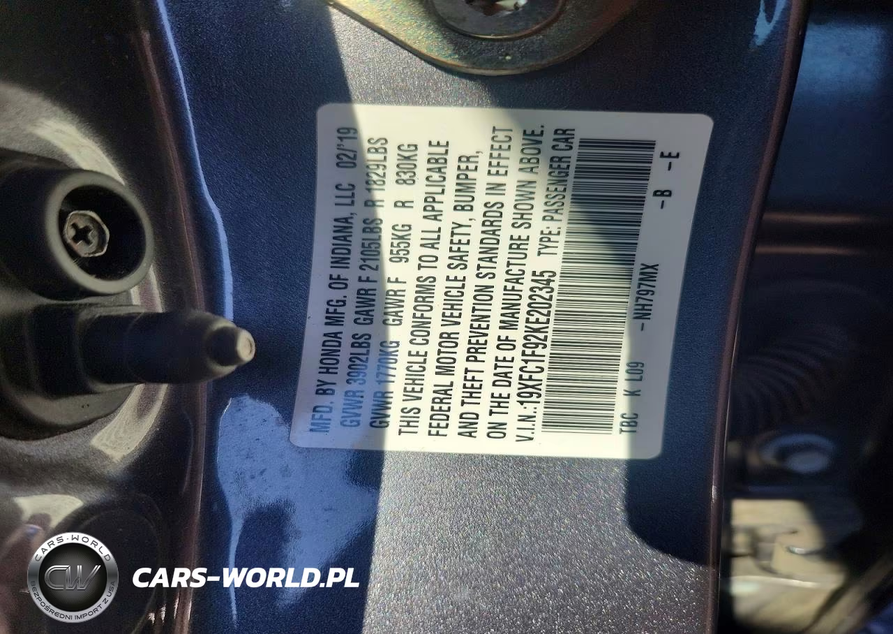 2019 Honda Civic Touring VIN:19XFC1F92KE202345 - 12