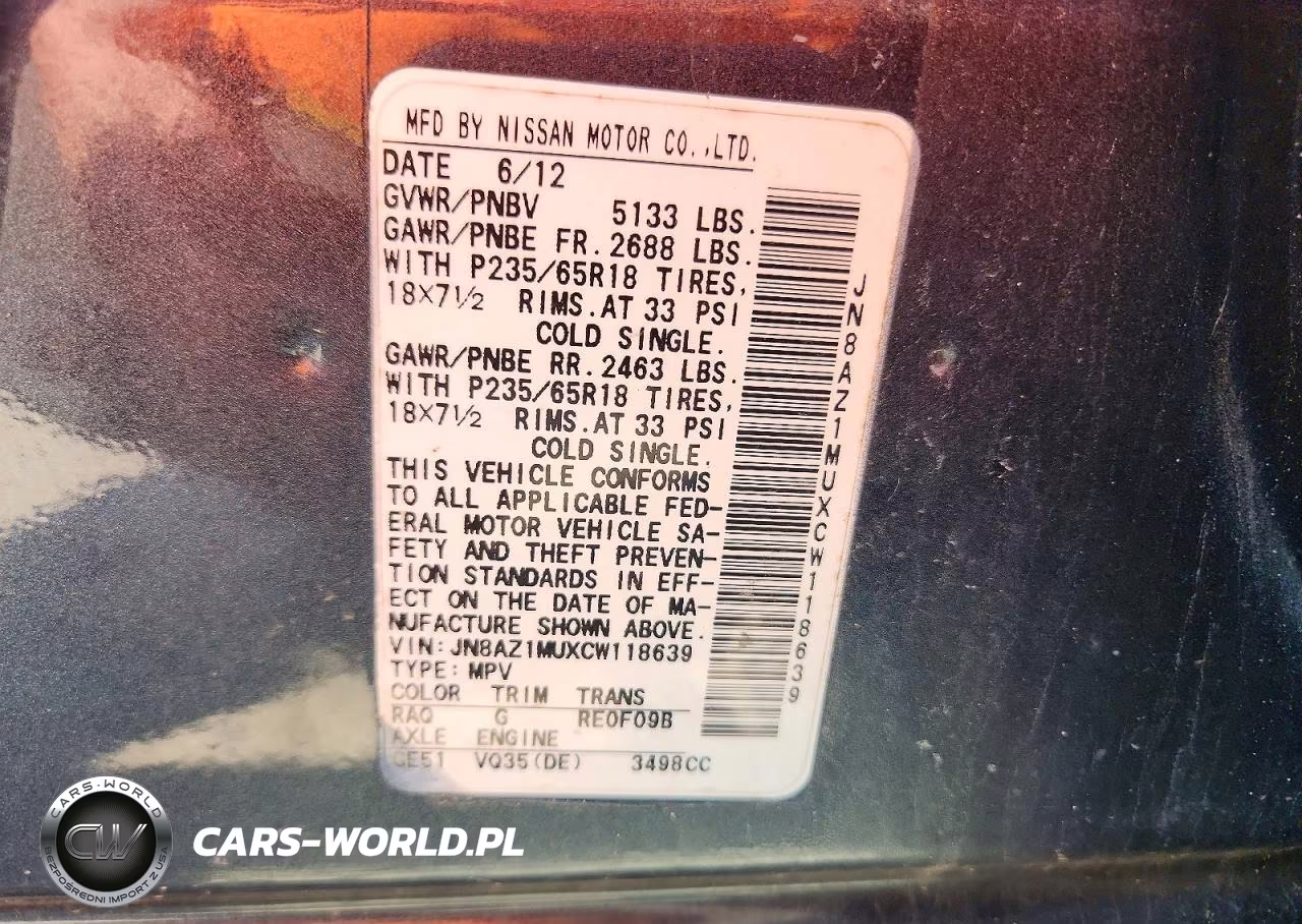 2012 Nissan Murano S VIN:JN8AZ1MUXCW118639 - 13