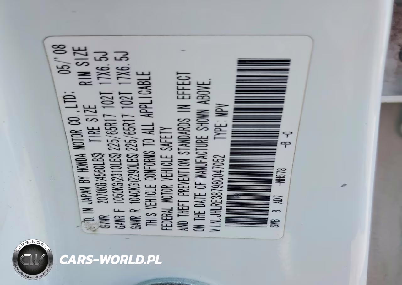 2008 Honda Cr-V Exl VIN:JHLRE38798C047052 - 12