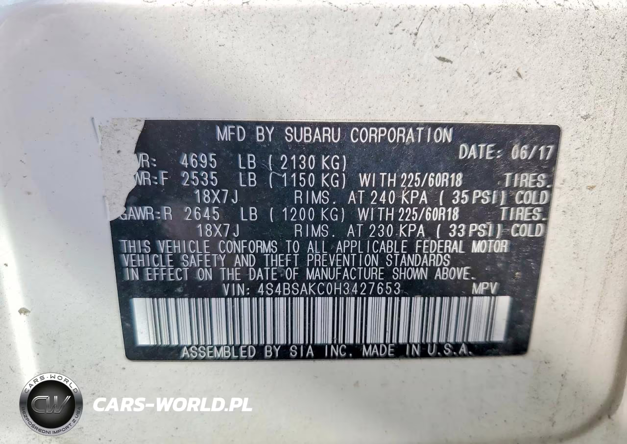 2017 Subaru Outback 2.5I Limited VIN:4S4BSAKC0H3427653 - 14