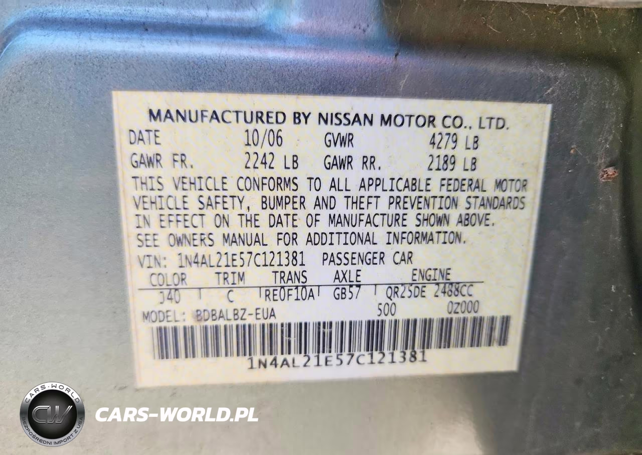 2007 Nissan Altima 2.5 VIN:1N4AL21E57C121381 - 12