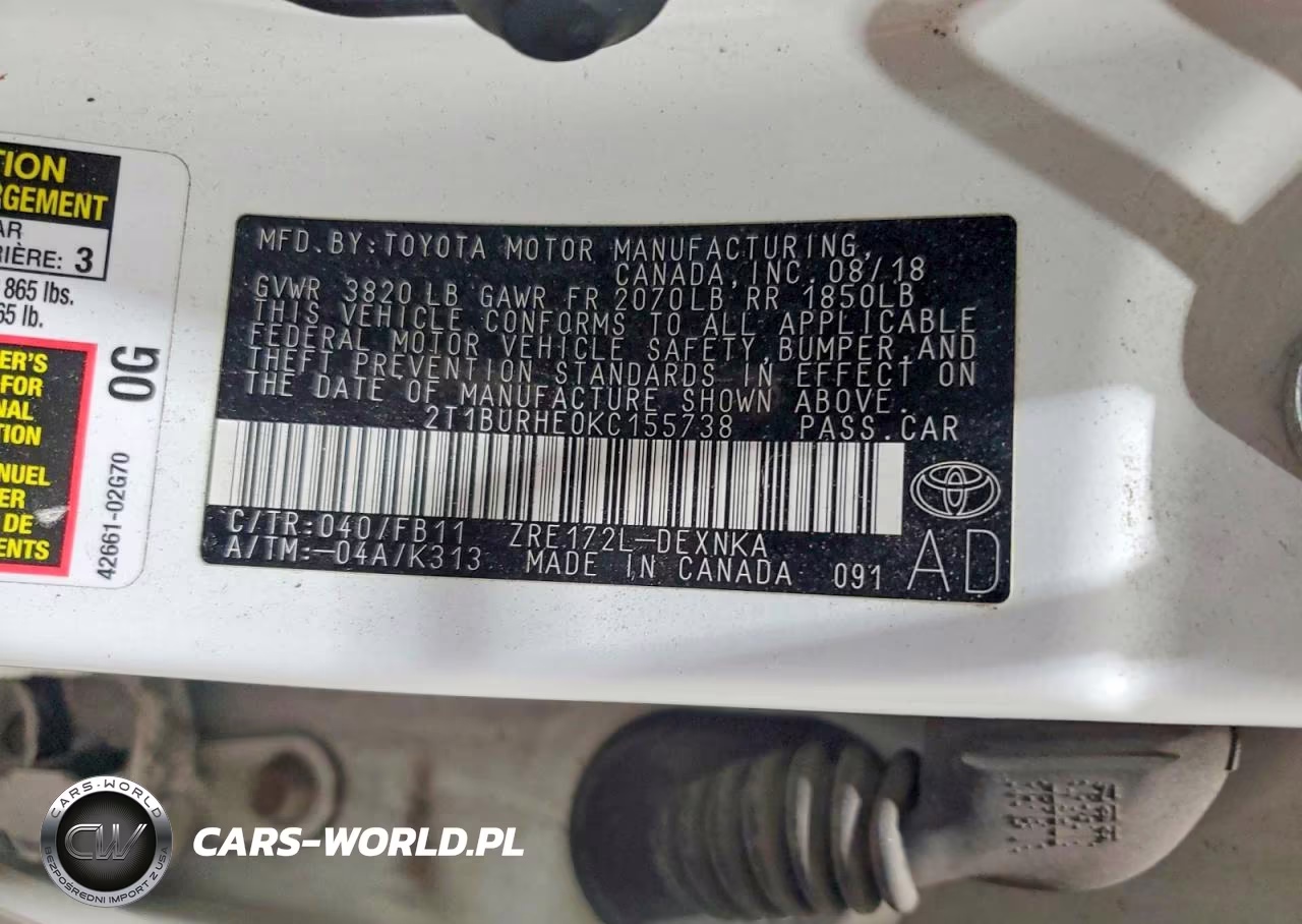 2019 Toyota Corolla Le VIN:2T1BURHE0KC155738 - 12