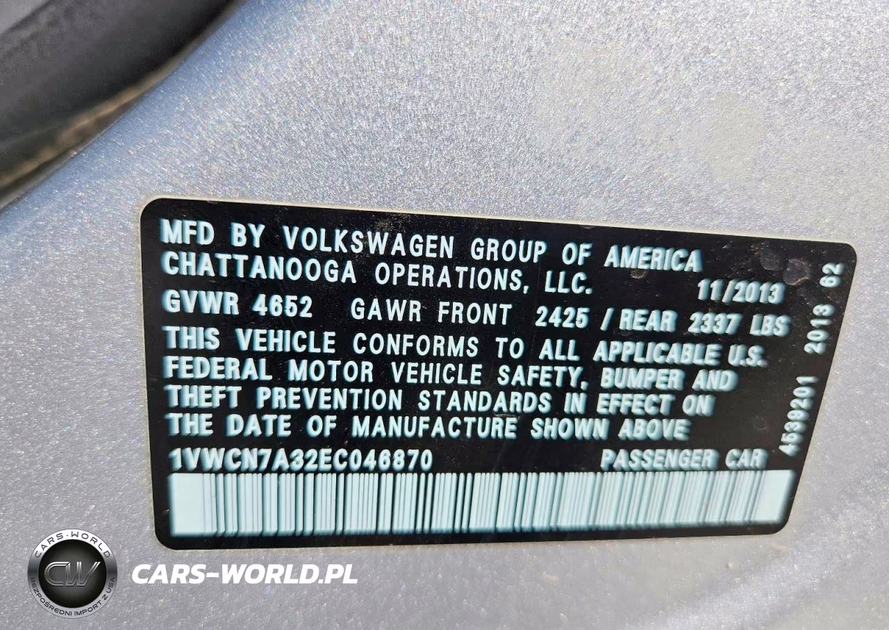 2014 Volkswagen Passat Sel VIN:1VWCN7A32EC046870 - 13