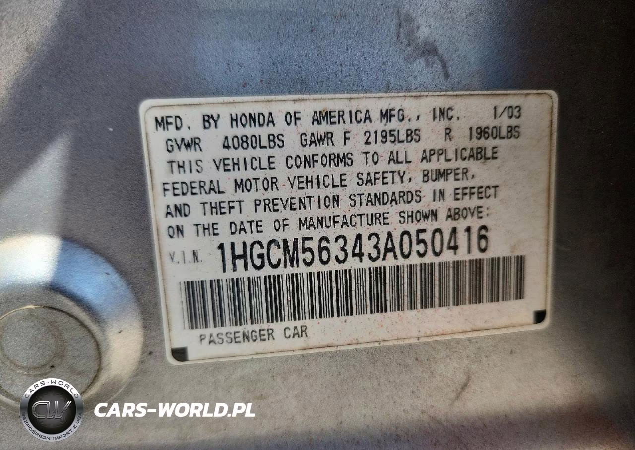 2003 Honda Accord Lx VIN:1HGCM56343A050416 - 12